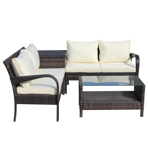 4 Piece Patio Sectional Wicker Rattan Outdoor Furniture Sofa Set With Storage Box Brown